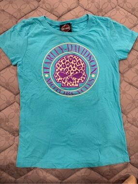 Harley-Davidson Turquoise Tee with Purple Leopard Skull Graphic